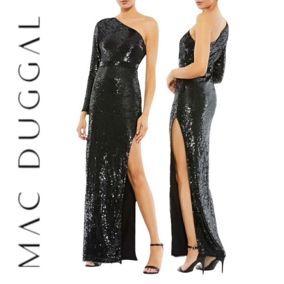 MAC DUGGAL Women’s Sequined One Sleeve Column Gown in the Size 6 in Black Color